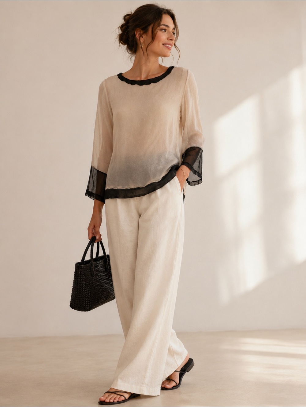 Viviana Uchitel Silk Blouse Cream Black Sheer Trim Minimalist Top Size 1